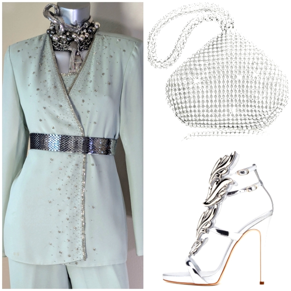 R & M Richards Cocktail Wedding Mother of the Bride Beaded Sequin 3-PC Pantsuit - Picture 10 of 13